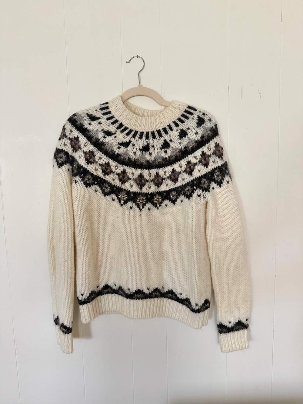 LOFT Cream Fair Isle Wool-Blend Pullover Sweater